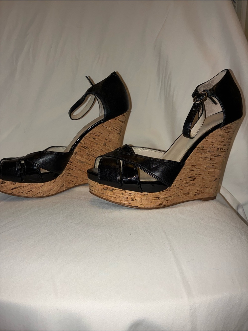 Nine West Black Patent Mix Strappy Cork Platform Wedge Sandals Size 7